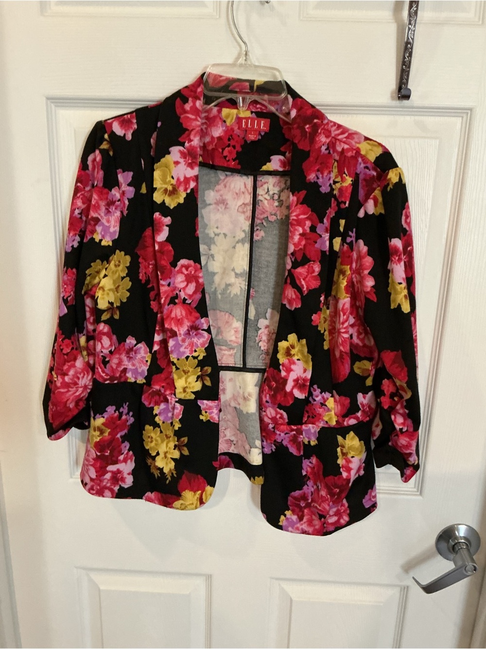 ELLE Floral Open-Front Blazer Jacket - Black with Pink & Yellow Floral